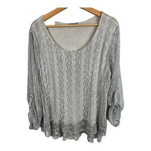 Scandal Womens size L/XL Italy Sequin Lace Crochet Sheer Lagnlook Gray Blouse